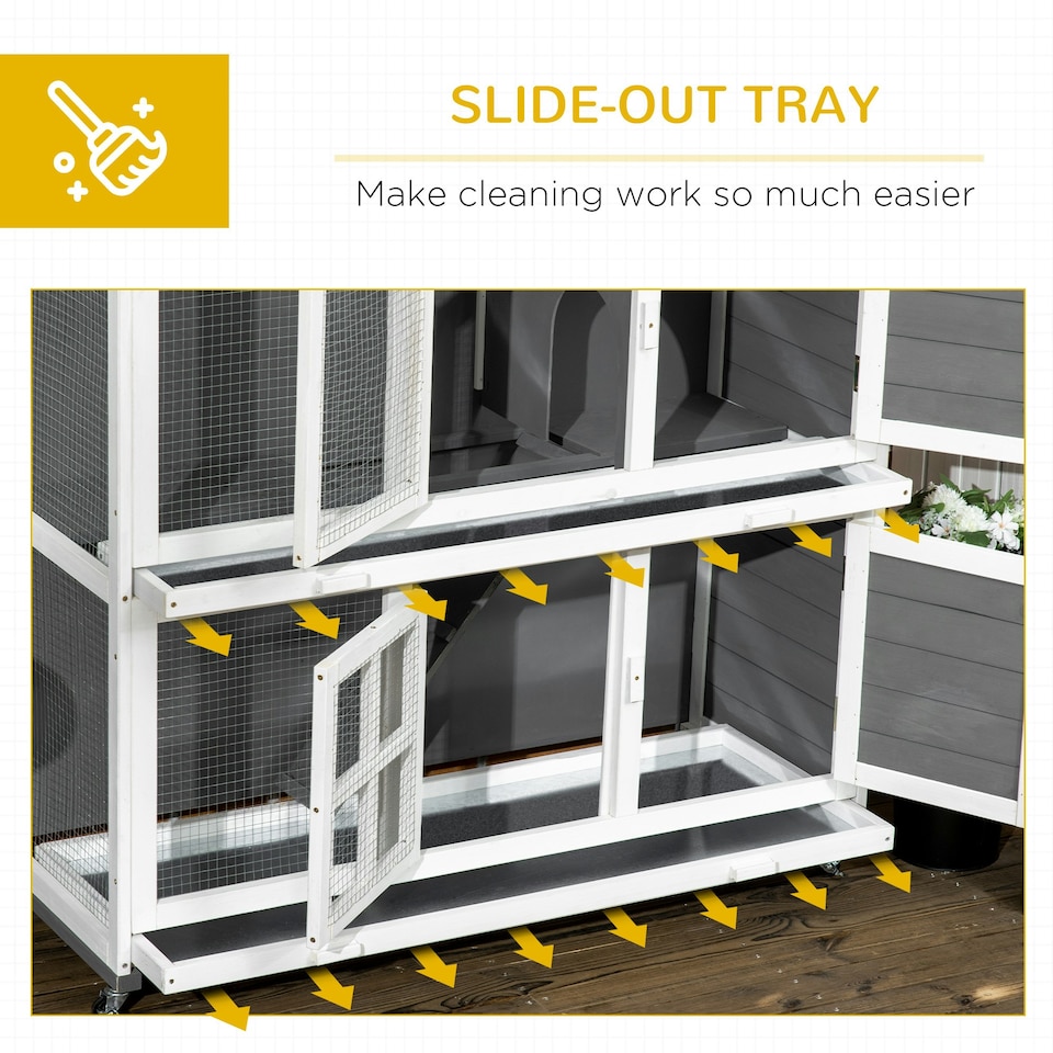 image 1 of PawHut Rabbit Hutch, Guinea Pig Cage with Wheels & Slide-out Trays, Grey