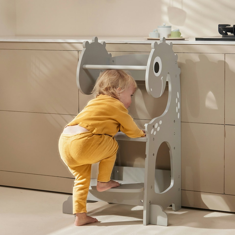 image 1 of Kidoz Toddler Learning Tower - Kitchen Helper with Safety Rail - Dinosaur Design - Grey