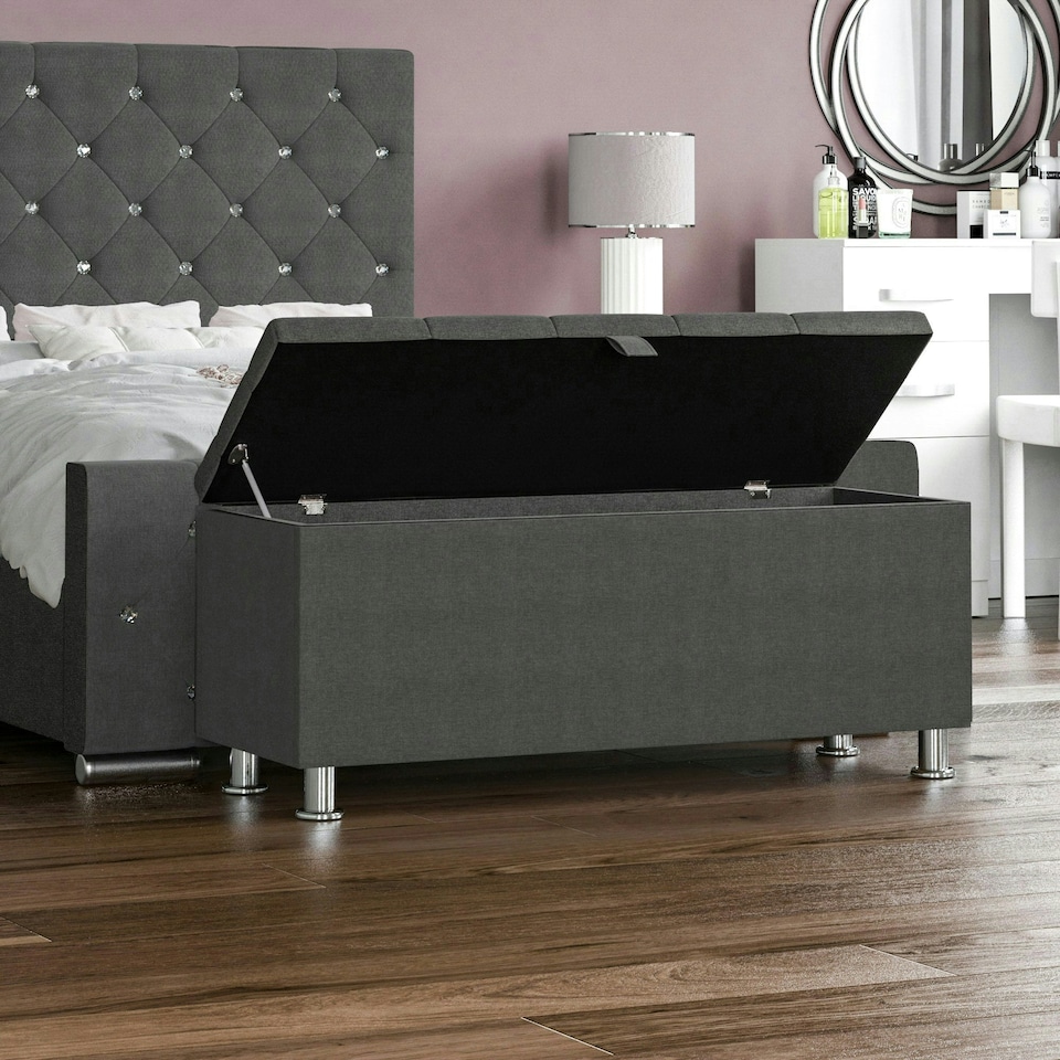 image 1 of Vida Designs Valencia Storage Ottoman Bedroom Hallway Chest Bench, Dark Grey Linen Grey | Dark Grey Linen