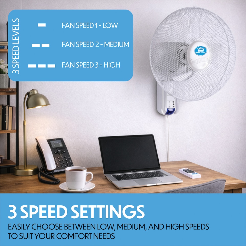 image 1 of Premier 18 inches Wall Fan with Remote 3 Speeds Oscillation 7.5hr Timer Adj. Head