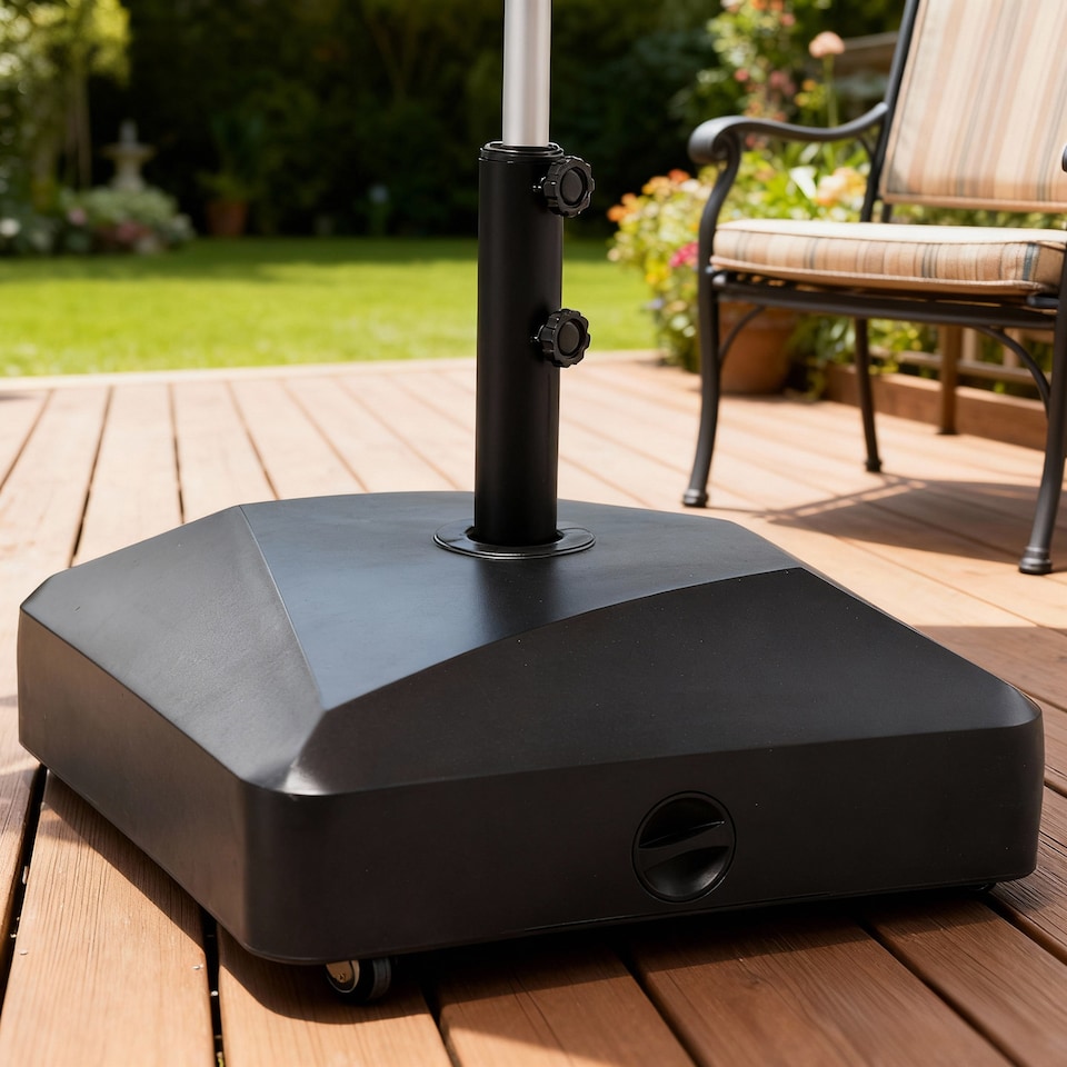 image 1 of Outsunny Garden Parasol Base 43kg Water or 60kg Sand Filled with Wheels | Black | Black