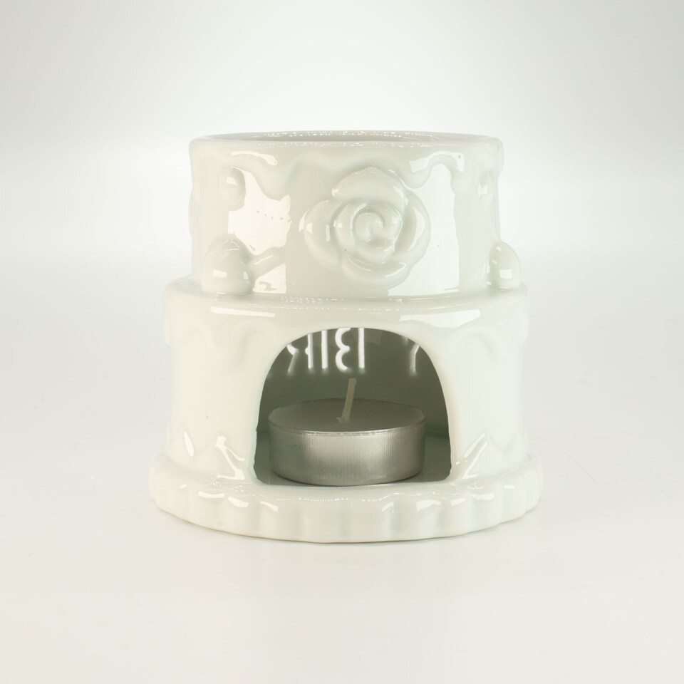 image 1 of Serenityy Ceramic Cake Oil Burner, "Happy Birthday", White