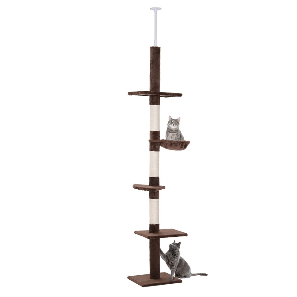 image 1 of PawHut Floor to Ceiling Cat Tree 5-Tier Climbing Tower Scratching Post Brown