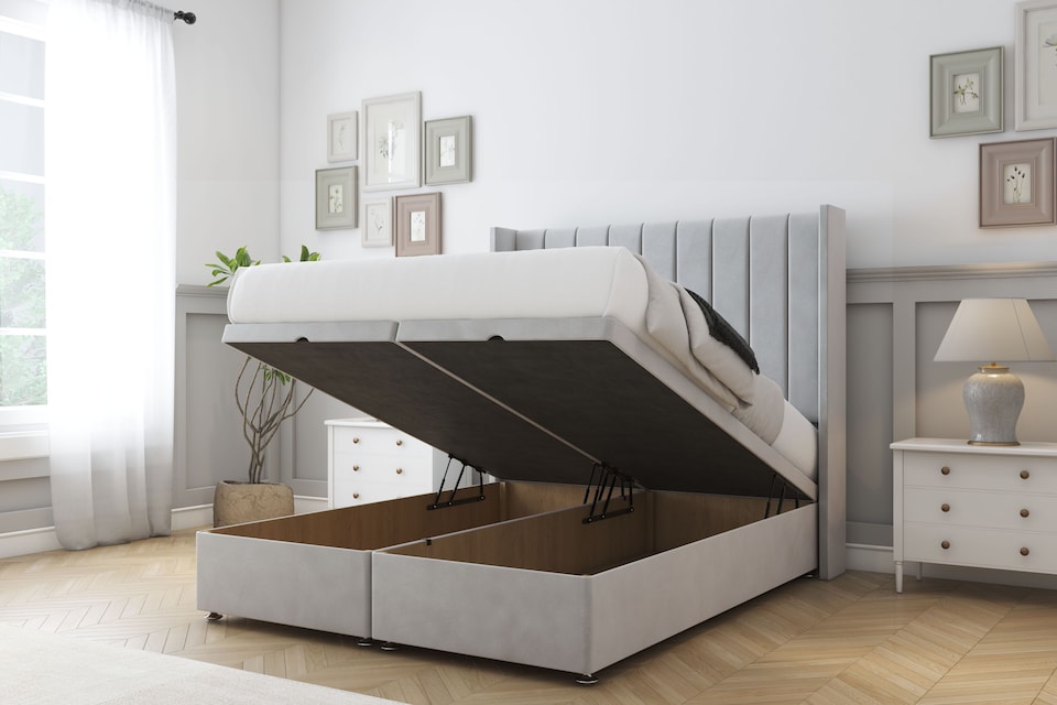 image 1 of Sloomy Falcon Silver Plush Ottoman Bed With Mattress With 54" Wingback Headboard 4'6 Double