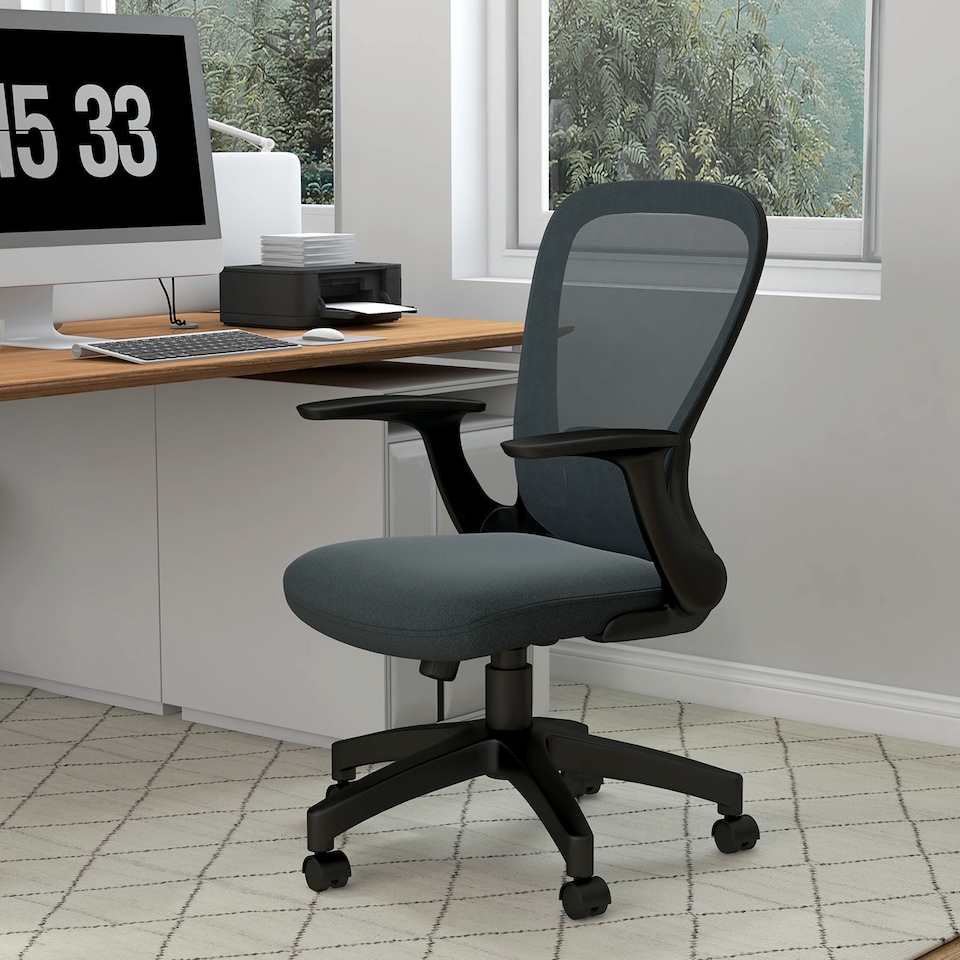 image 1 of Vinsetto Mesh Office Chair, Ergonomic Computer Desk Chair with Flip-up Armrest, Lumbar Back Support, Adjustable Height, Swivel Wheels, Charcoal Grey