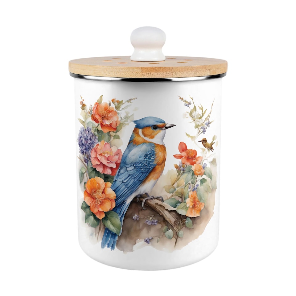 image 1 of Blue & Orange Bird Food Waste Caddy - Metal 2L Decorative Kitchen Compost Bin