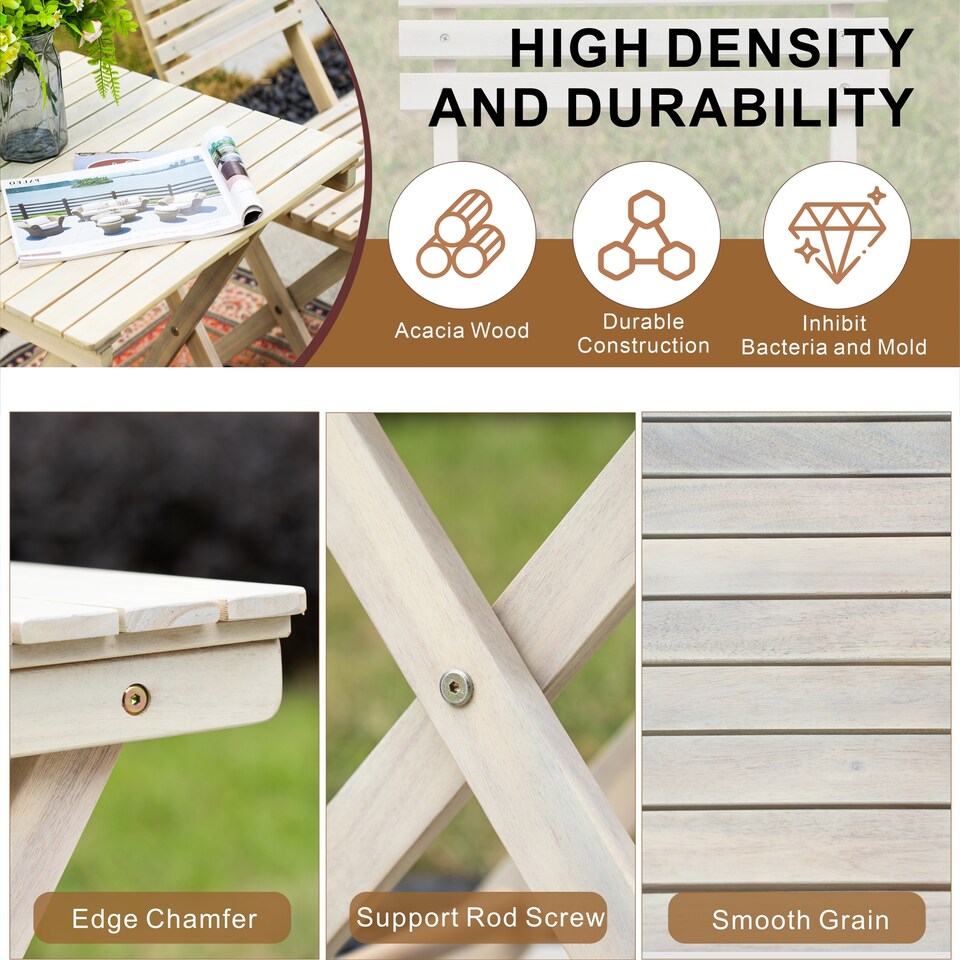 image 1 of Direct Wicker Foldable Acacia Wood Bistro Set, Sanded Natural Finish, Compact Folding Square Table Chairs Set