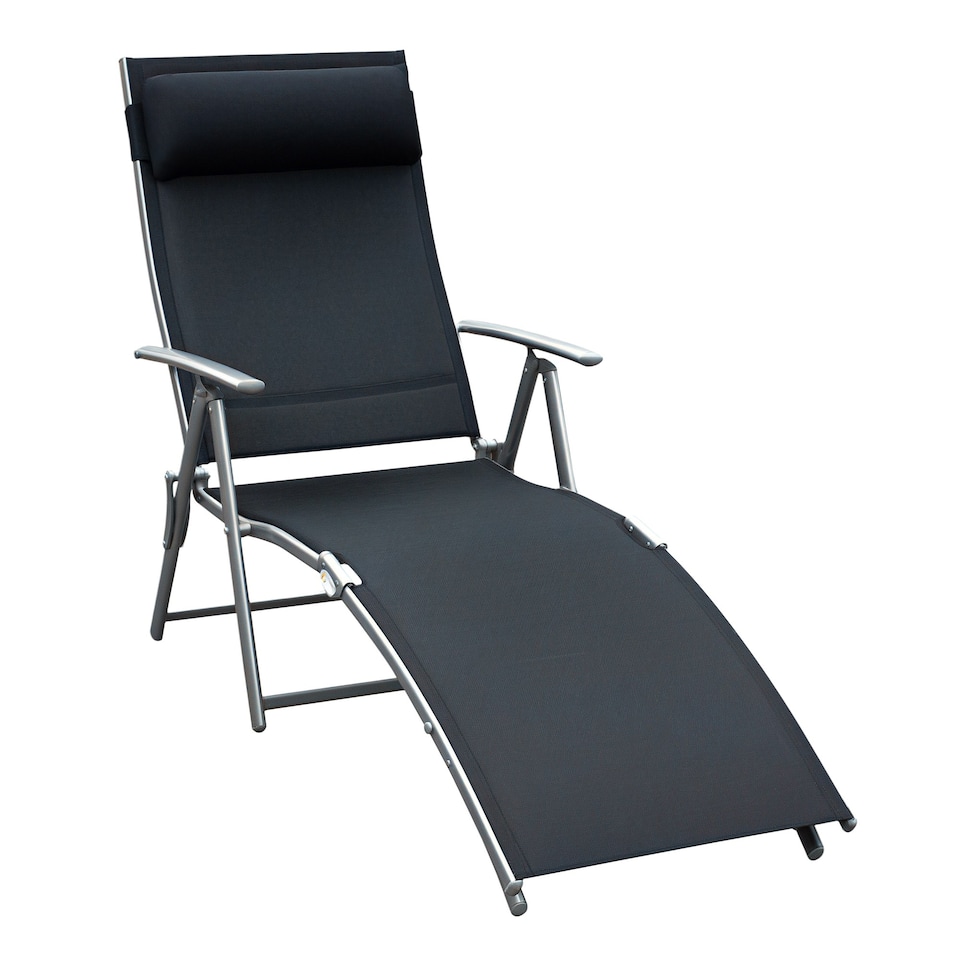 image 1 of Outsunny Sun Lounger Recliner w/ Pillow Foldable 7 Levels Textilene Black
