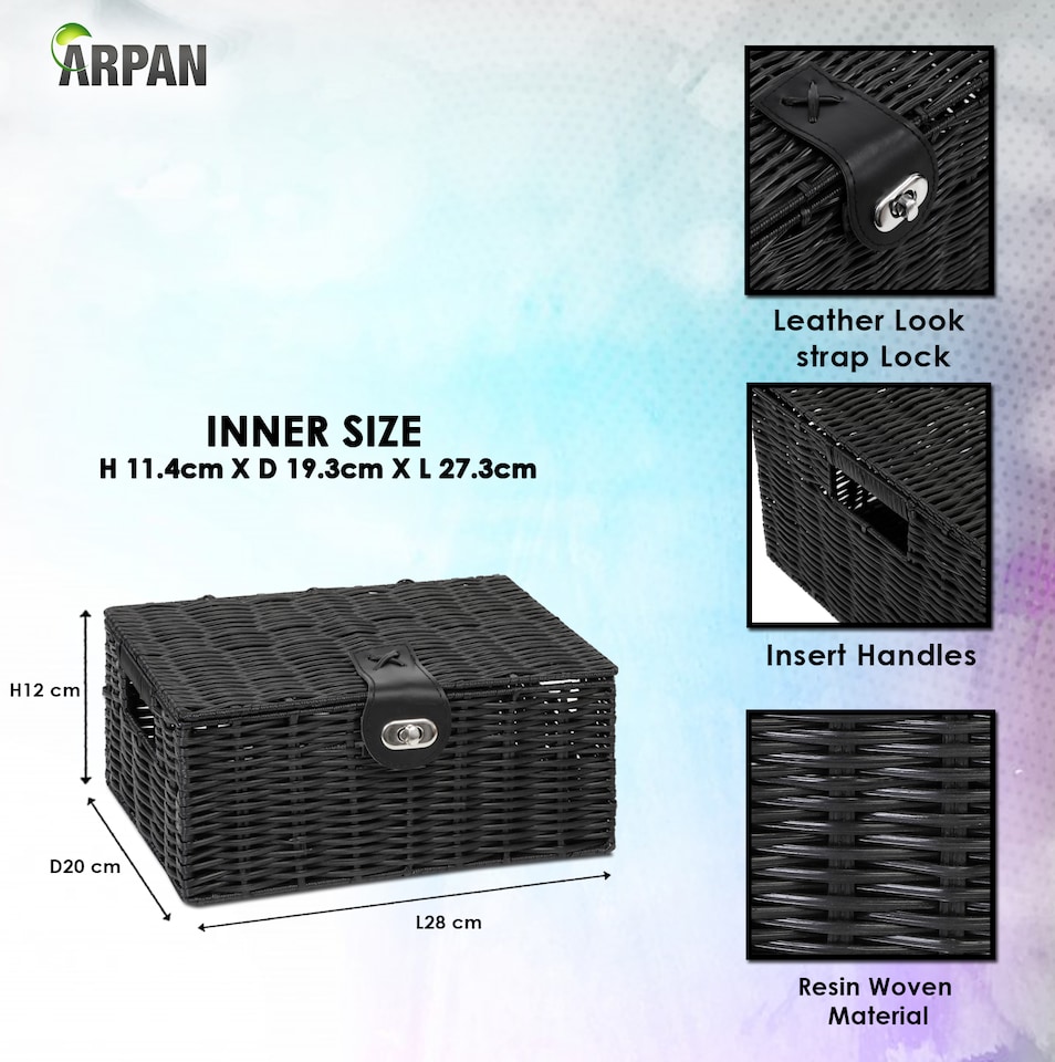 image 1 of Resin Woven Storage Basket Box with Lid & Lock – Black Wicker Effect Storage Box with Handles – Decorative Home Organiser for Bedroom, Bathroom & Utility Room