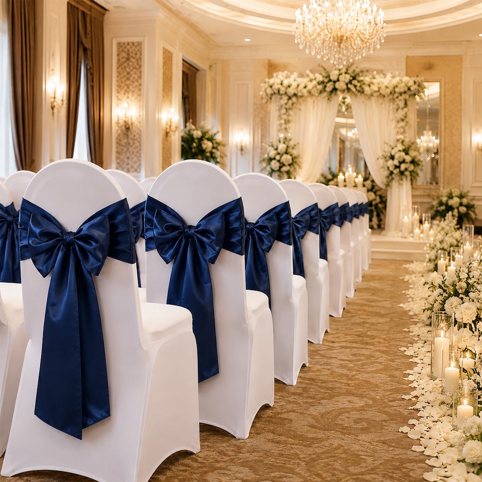 image 1 of 7"x108" Satin Chair Sash, Chair Sashes Hammed Edges Bow Tie - 25pcs