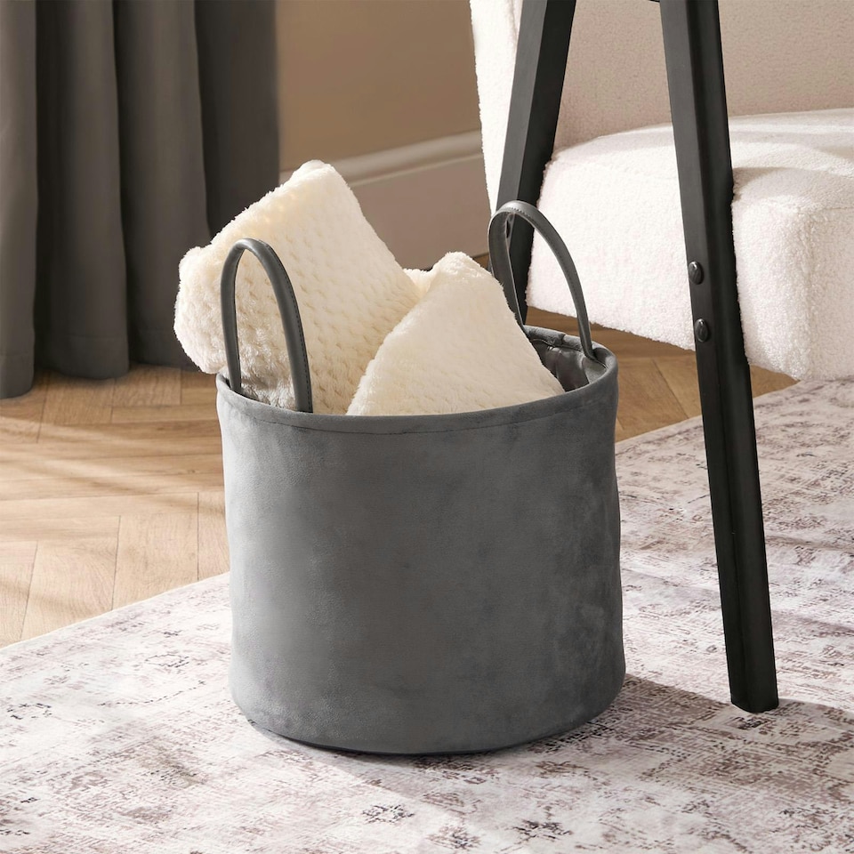 image 1 of OHS Velvet Storage Basket Home Modern Hamper Clothes Toys Organiser Fabric Bag Grey | Charcoal Grey