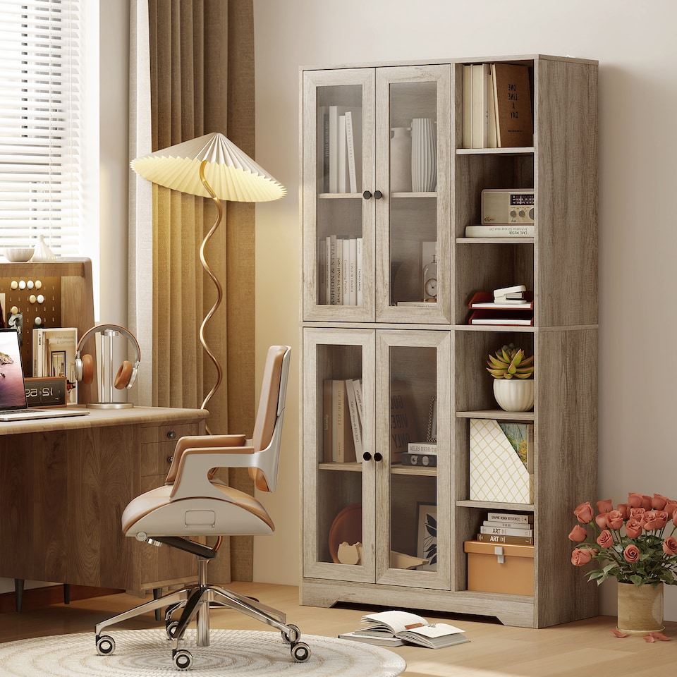 image 1 of HOMCOM 172 cm Tall Kitchen Cupboard, Pantry Storage Cabinet with Tempered Glass Doors and Soft-Close Hinges, Freestanding Kitchen Cabinet with Adjustable Shelves and 6 Open Shelves, Light Grey | Grey | Light Grey