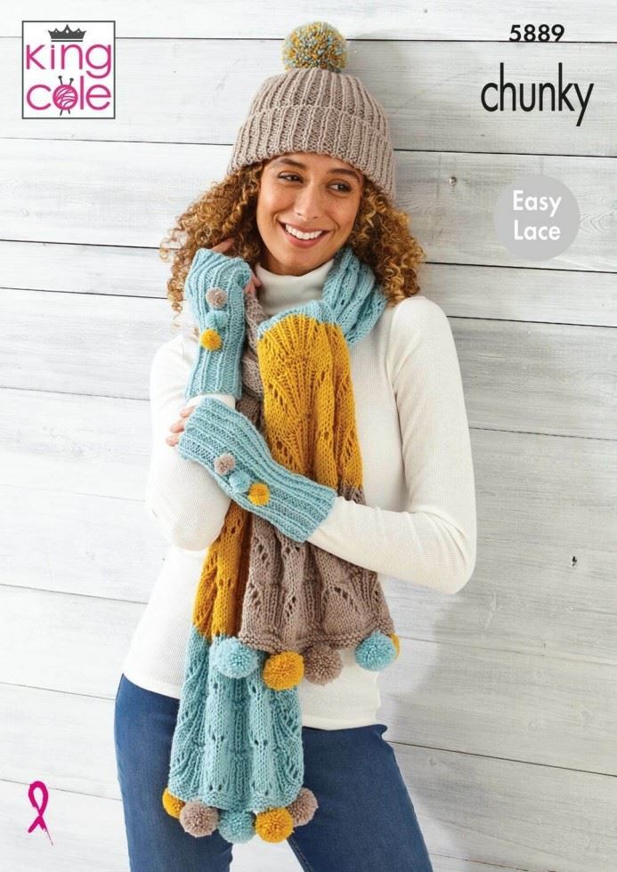 King Cole Wildwood Chunky Knitting Pattern 5889, Wraps, Scarves, Headwear and Wrist Warmers for Women - One Size - Easy