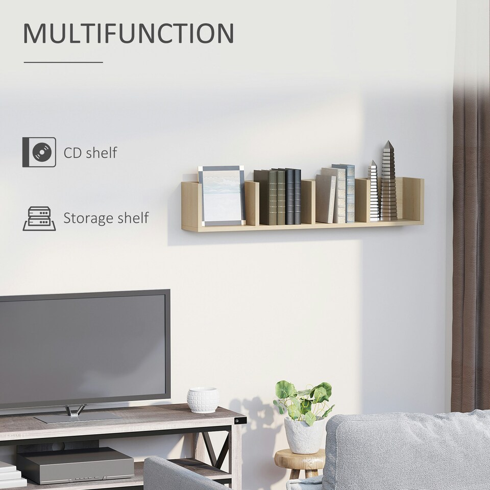 image 1 of HOMCOM Wooden Wall-Mounted Storage Media Display Shelf Center Rack, Natural
