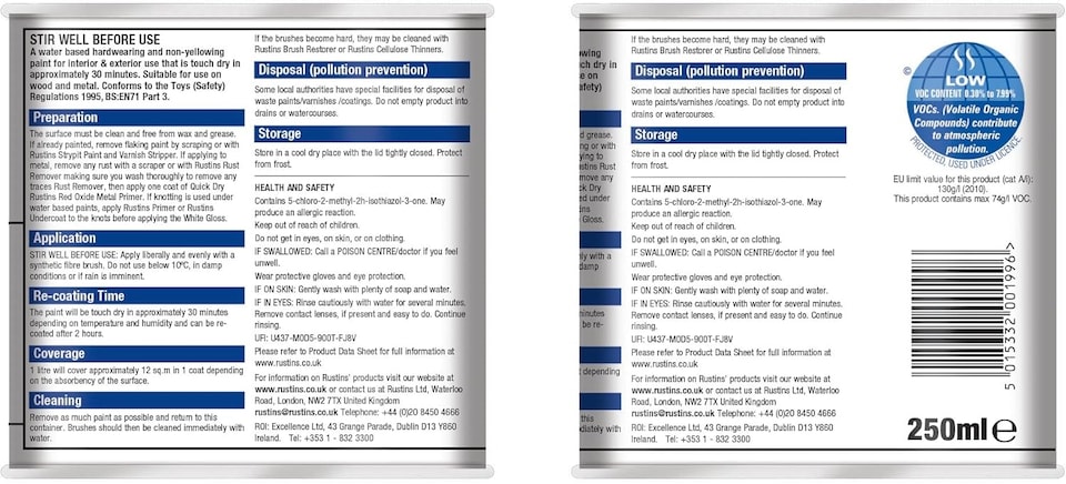 image 1 of Rustins Quick Dry Gloss Paint 250ml - Brilliant White