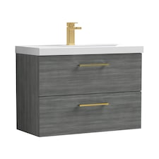 Balterley Wall Hung Bathroom 2 Drawer Vanity Unit & 1 Tap Hole Ceramic Basin, & Handles | Grey