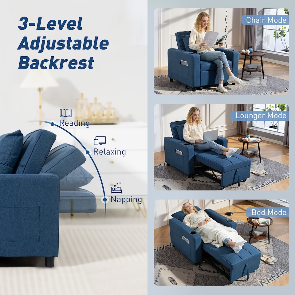 image 1 of HOMCOM 3-in-1 Single Sofa Bed, Convertible Sleeper Chair with Adjustable Backrest, Fabric Pull Out Chair Bed with Pillow, Side Pockets and Cup Holders for Living Room, Bedroom, Dark Blue | Blue