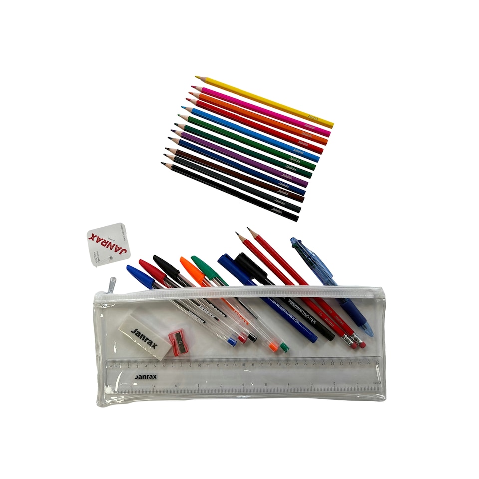 image 1 of Stationery Filled White Zip 13x5" Pencil Case with Colouring Pencils