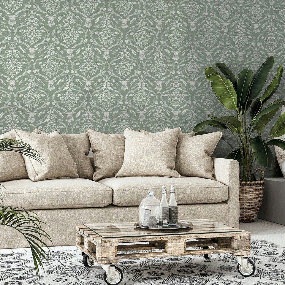 image 1 of Arthouse Stag Damask Wallpaper - Sage Green - 10m x 0.5m Green