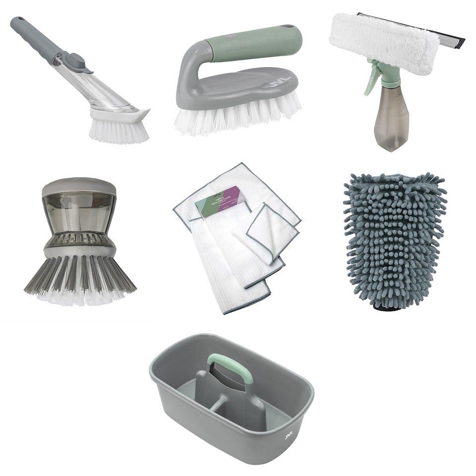 image 1 of JVL Cleaning Caddy Set with Soap Dispensing Dish Brush, Scrubbing Brush, Microfibre Cloth, Microfibre Cleaning Mitt & 3 in 1 Window Squeegee Household Cleaning Kit