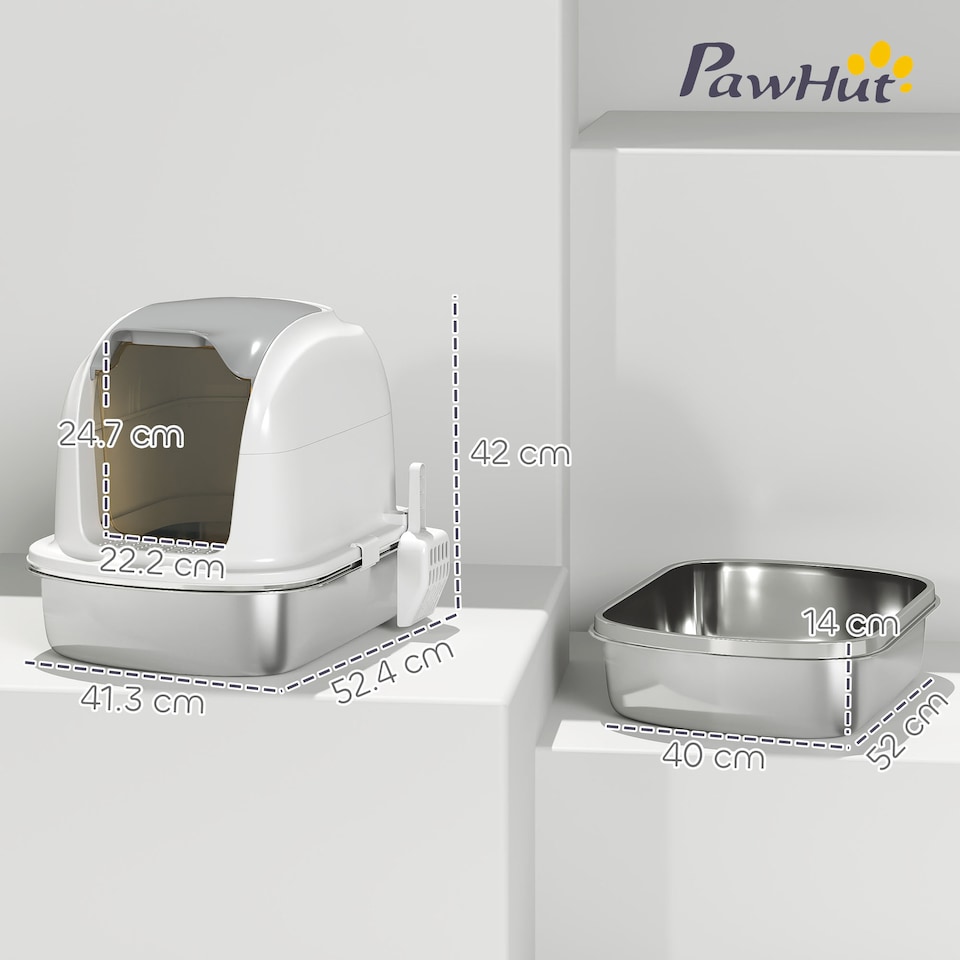 image 1 of PawHut Stainless Steel Cat Litter Tray with Lid | White