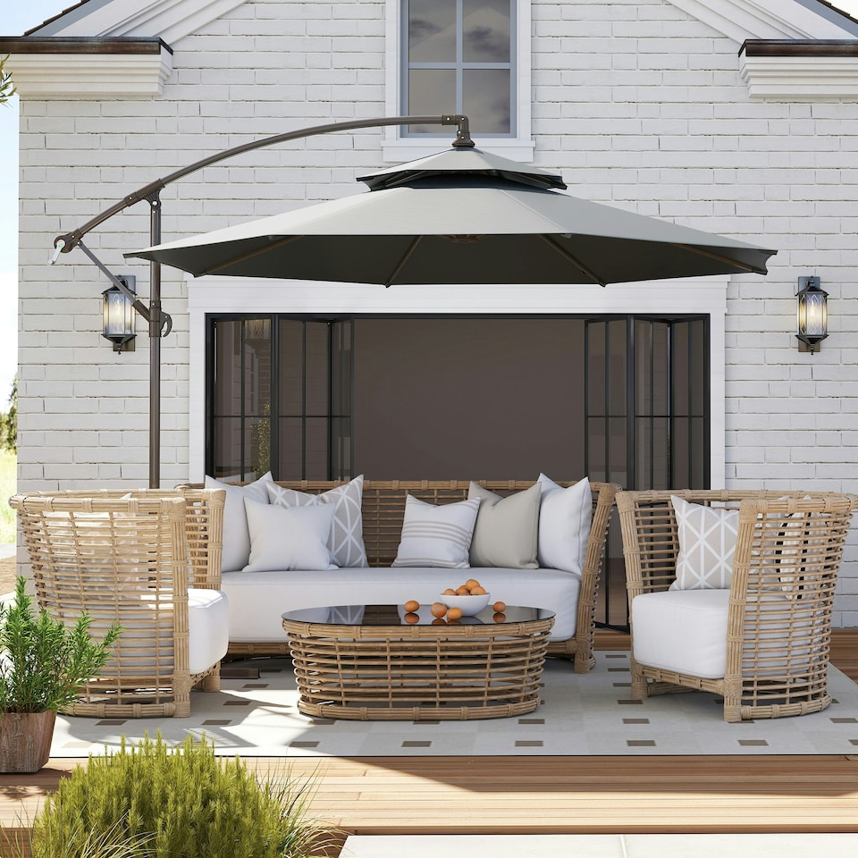 image 1 of Outsunny 2.7m Cantilever Banana Parasol Outdoor Sun Shade w/ Crank, Dark Grey