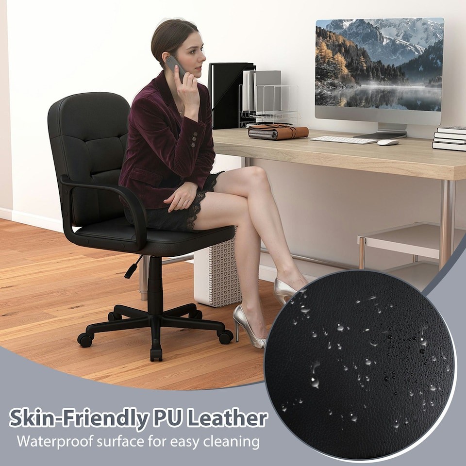 image 1 of COSTWAY Leather Office Chair PU Upholstered Swivel Chair Black