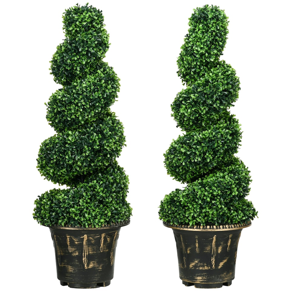 image 1 of HOMCOM Set of 2 Potted Artificial Plants, Topiary Spiral Boxwood Trees, 90cm