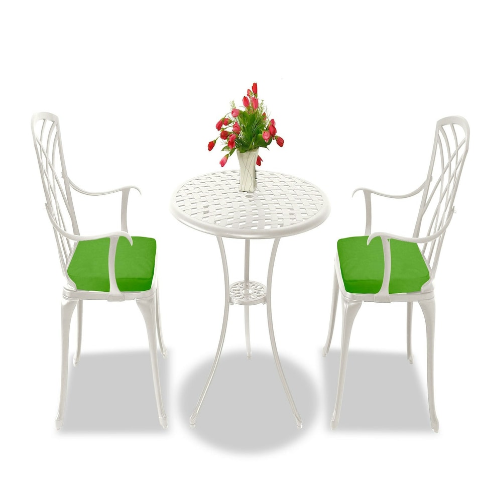 image 1 of Centurion Supports OSHOWA Luxurious Garden and Patio Table and 2 Large Chairs with Armrests Cast Aluminium Bistro Set - White with Green Cushions