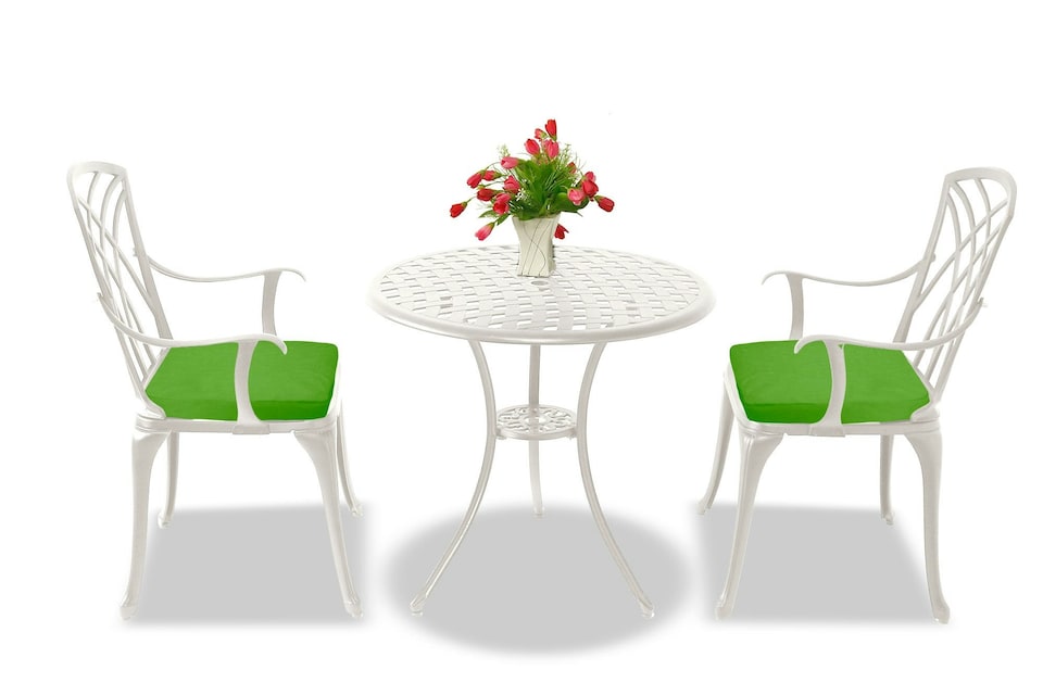 image 1 of Centurion Supports OSHOWA Luxurious Garden and Patio Table and 2 Large Chairs with Armrests Cast Aluminium Bistro Set - White with Green Cushions