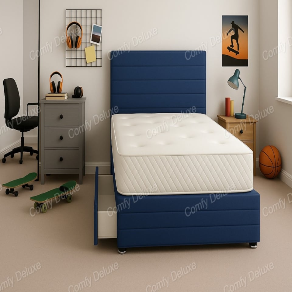 Blue Jin Plush Lined 3ft Single Divan Bed Set Headboard & Footboard - 2 Drawers Left Side Laying in Bed