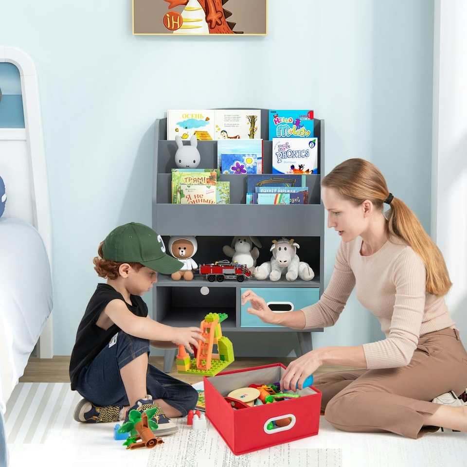 image 1 of COSTWAY Kids Bookshelf Wooden Display Rack 3-Tier Grey | Grey