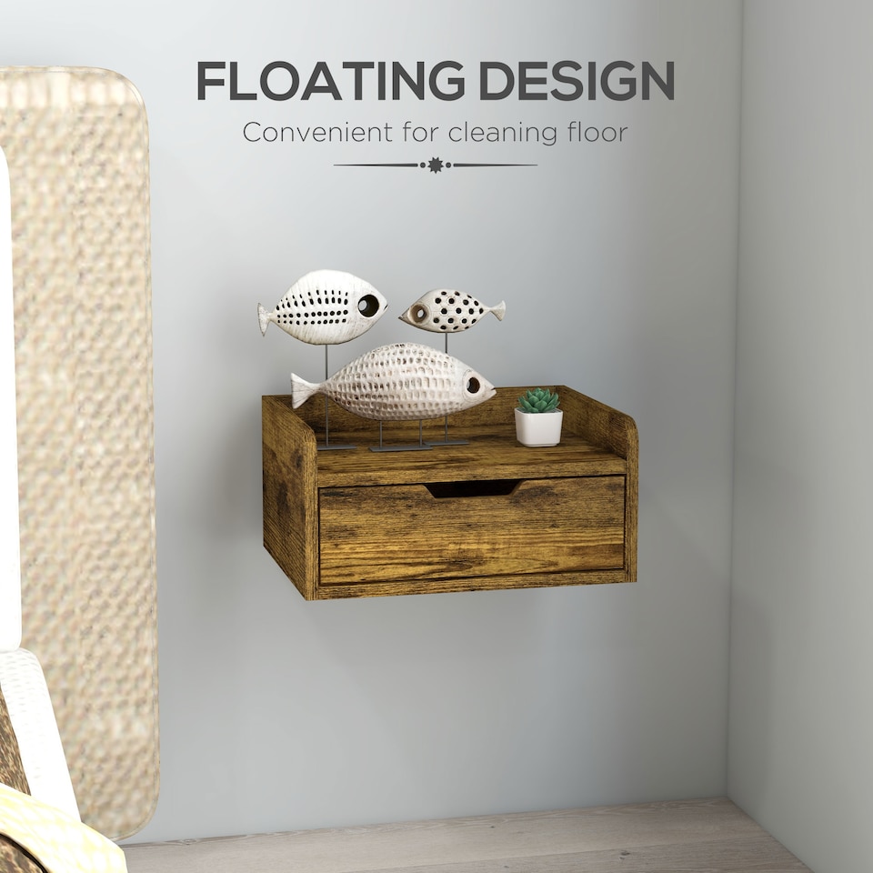 image 1 of HOMCOM Floating Nightstands Set of 2, Wall Mounted Bedside Table with Storage Drawer for Bedroom, Rustic Brown