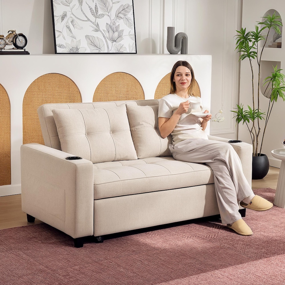 image 1 of HOMCOM 2 Seater Pull Out Sofa Bed with Pockets for Living Room Beige