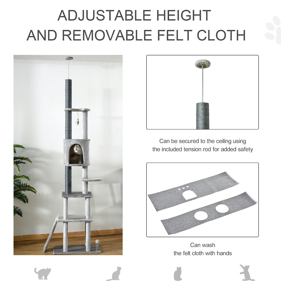 image 1 of PawHut Floor To Ceiling Cat Tree, 255cm Adjustable Height, Grey
