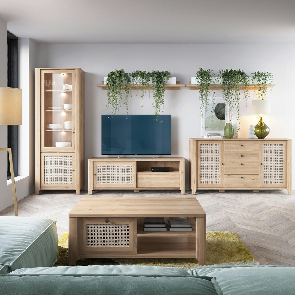 image 1 of Cestino Coffee Table with 1 Drawer in Jackson Hickory Oak and Rattan Effect