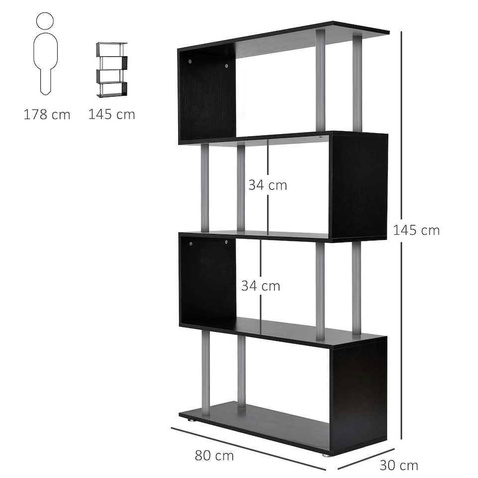 image 1 of HOMCOM Wooden Storage Display Unit Bookshelf Bookcase Dividers S Shaped Black