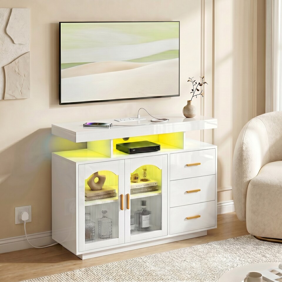 image 1 of HOMCOM High Gloss Sideboard with LED Lights, Power Outlets, Drawers