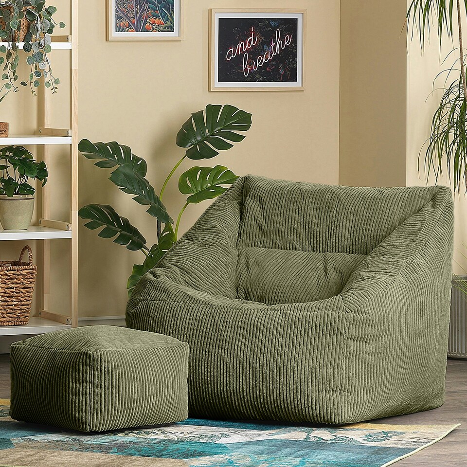 image 1 of Natalia Large Beanbag and Pouffe Set Corduroy Sage Green | Green | Green | XL | 2