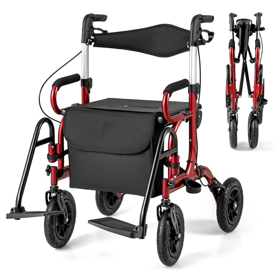 image 1 of COSTWAY Rollator Walker Foldable Rolling Walker-Red