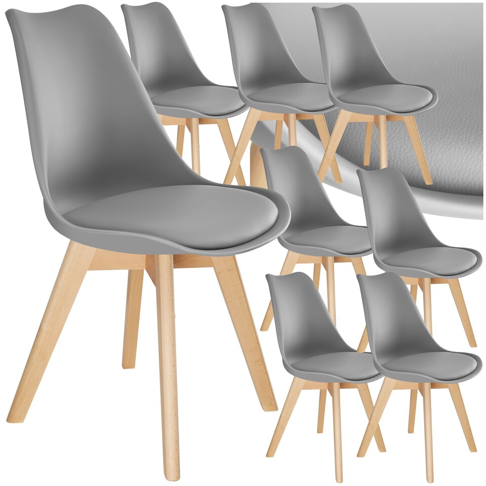 image 1 of Dining Chairs Frederikke - padded, ergonomic shape, wooden legs - Set of 8 Grey