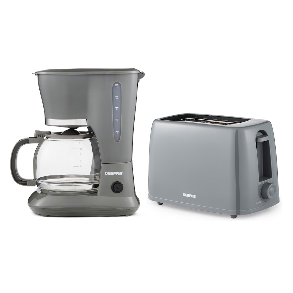 GEEPAS 1.5L Filter Coffee Machine & 2 Slice Toaster Combo Set, Grey