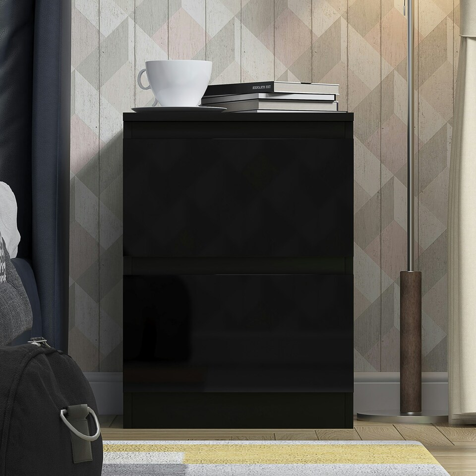 image 1 of FWStyle Stora 2 Drawer Bedside Cabinet - Black Gloss Front