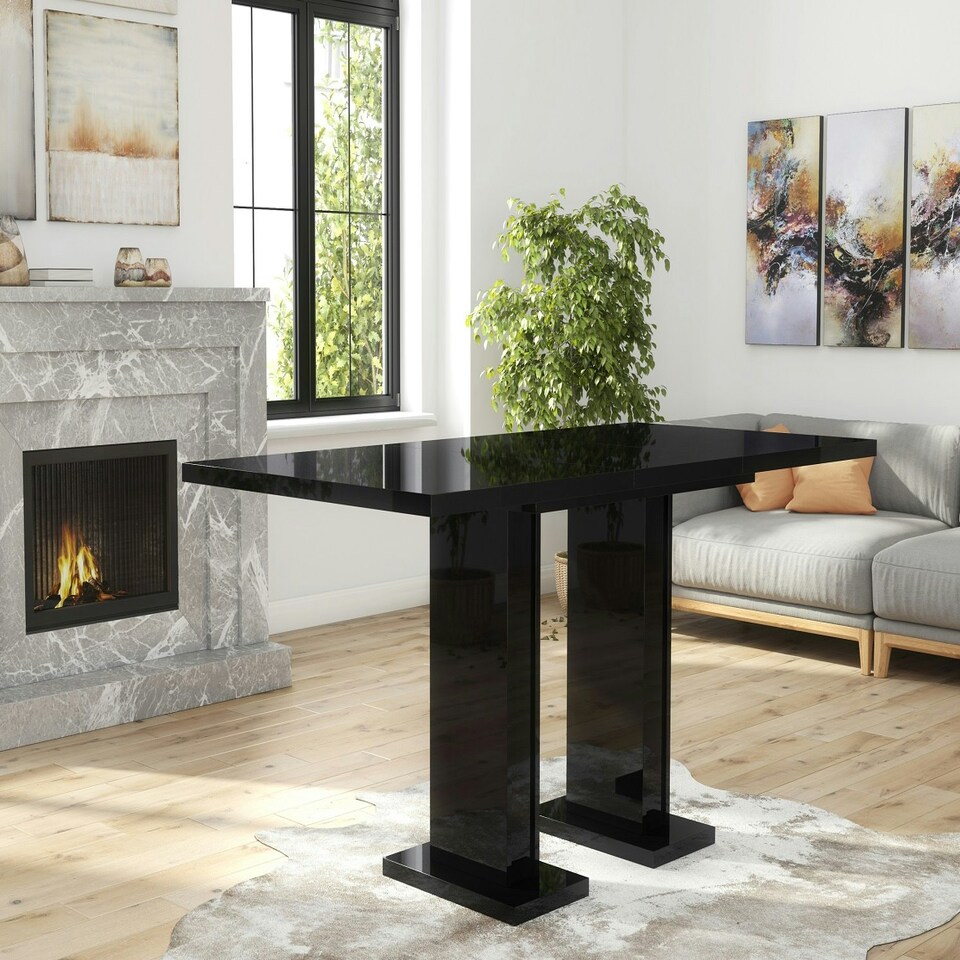 image 1 of Compact Dining Table Extendable 120-160cm Black Gloss Extending Top Pillar Pedestal Leg 6-8 Seater - Gia Pro