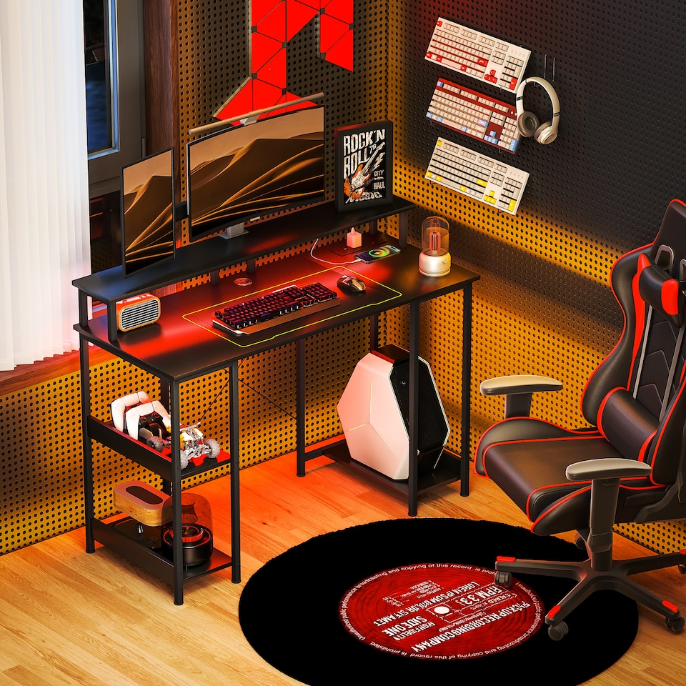 image 1 of HOMCOM Computer Desk with Power Outlets and LED Lights, 120 x 50cm Reversible Home Office Desk with Monitor Stand and 2-Tier Storage Shelves, PC Table with Cable Management, Carbon Fibre Grey