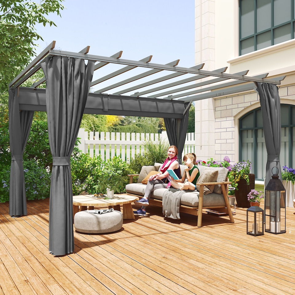 image 1 of Outsunny 3.6 x 3m Outdoor Pergola with Retractable Roof and Curtains, Garden Gazebo Canopy Sun Shade Shelter with Aluminum Frame, Dark Grey