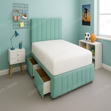 Duck Egg Plush 6ft Superking  Divan Bed Set Headboard & Footboard - 2 Drawers Right Side Laying in Bed