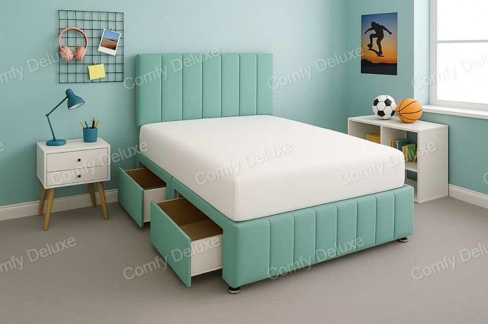 Duck Egg Plush 6ft Superking  Divan Bed Set Headboard & Footboard - 2 Drawers Right Side Laying in Bed