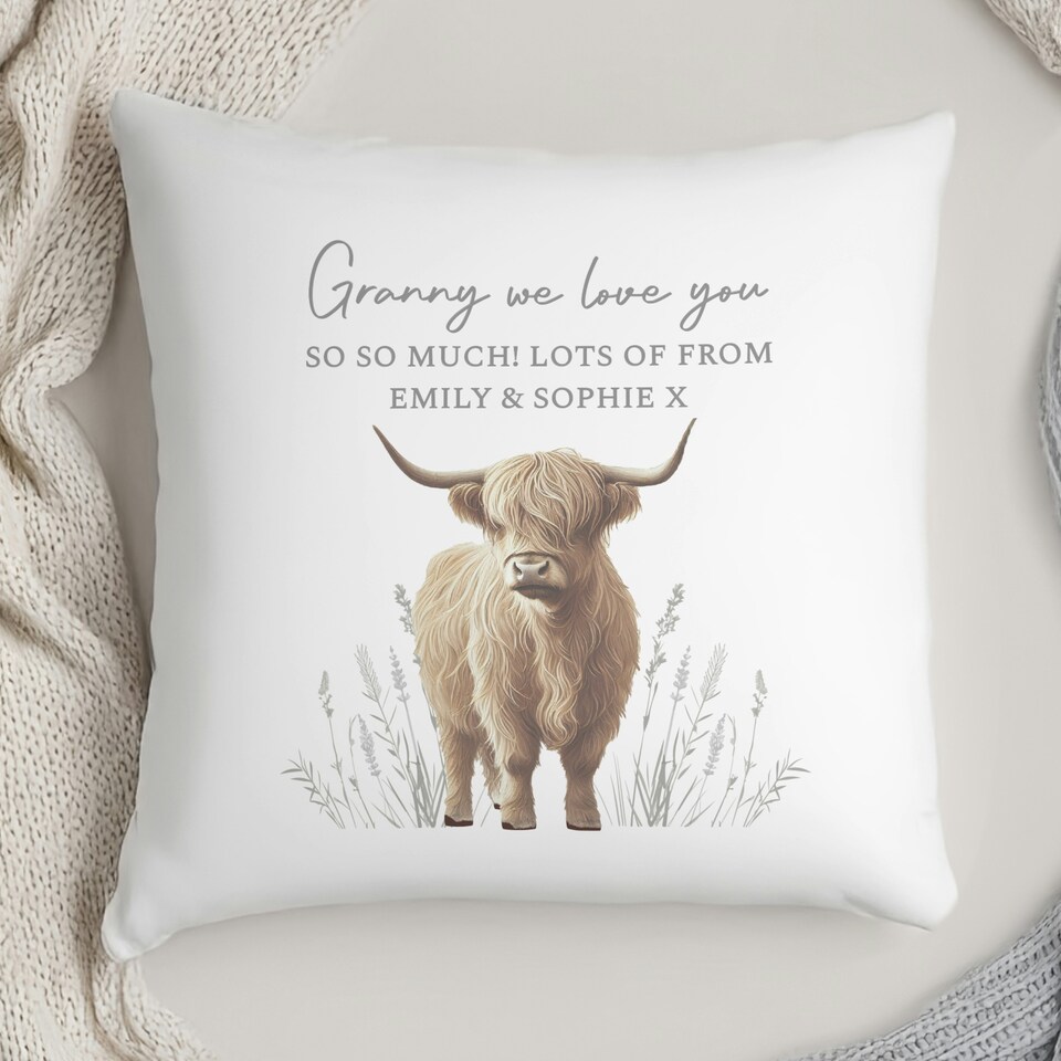 image 1 of Personalised Highland Cow Cushion | White