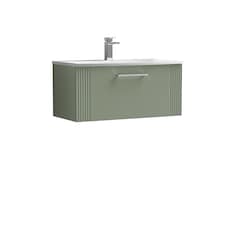 Balterley Partial Fluted 1 Drawer Wall Hung Vanity Unit with 1 Tap Hole Curved Basin | Green | Satin Green